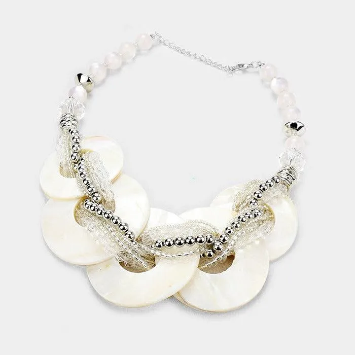 Layered White Round Shell Twisted Beaded Necklace Set