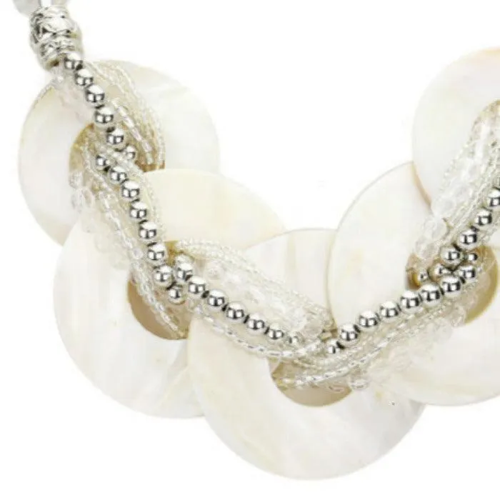 Layered White Round Shell Twisted Beaded Necklace Set
