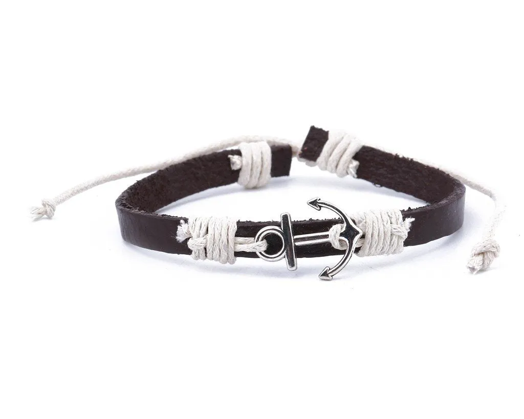 Leather Bracelet metal anchor black