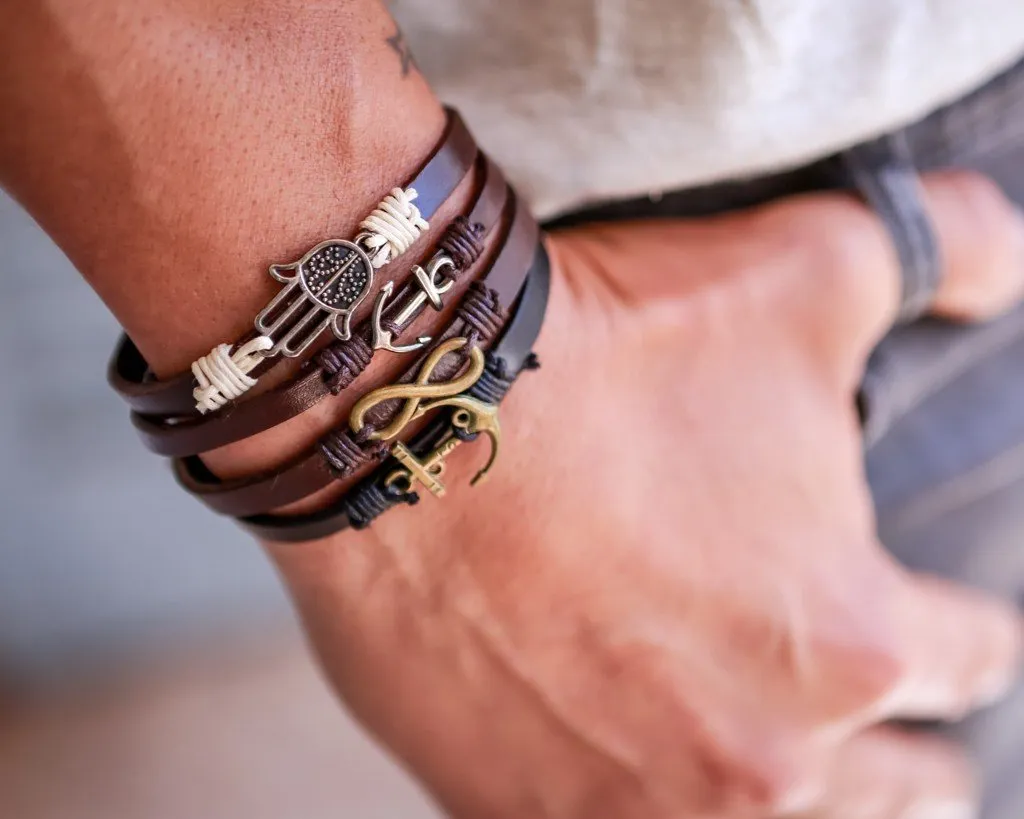 Leather Bracelet metal anchor black