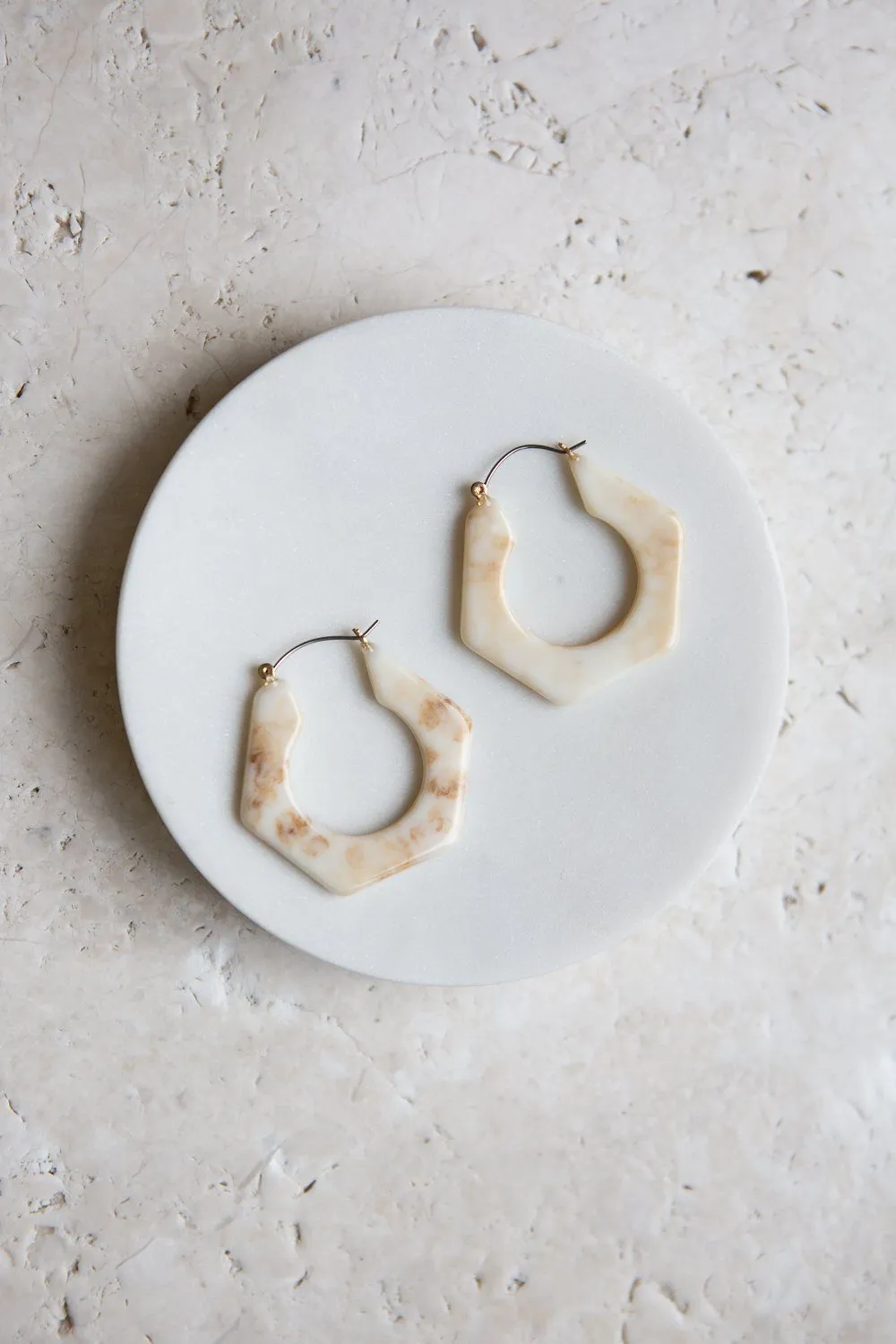 Light Brown Marbleized Hexagon Hoop Earrings