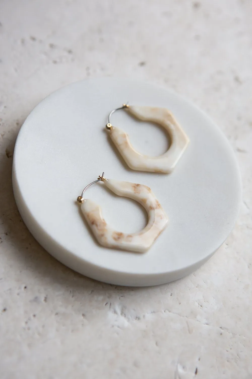 Light Brown Marbleized Hexagon Hoop Earrings