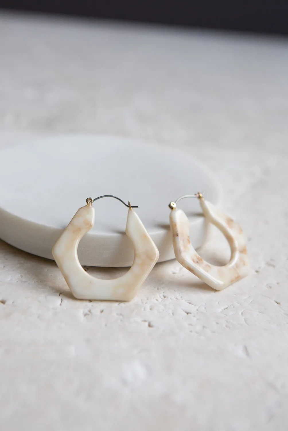 Light Brown Marbleized Hexagon Hoop Earrings