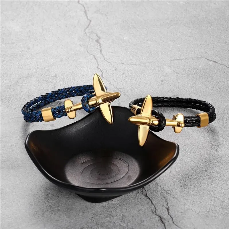 Luxury Modern New Airplane Stainless Steel Gold Aviation Airplane Anchor Bracelets For Men and Women In Retro Leather Bracelet Air Force Style Homme Jewelry Style