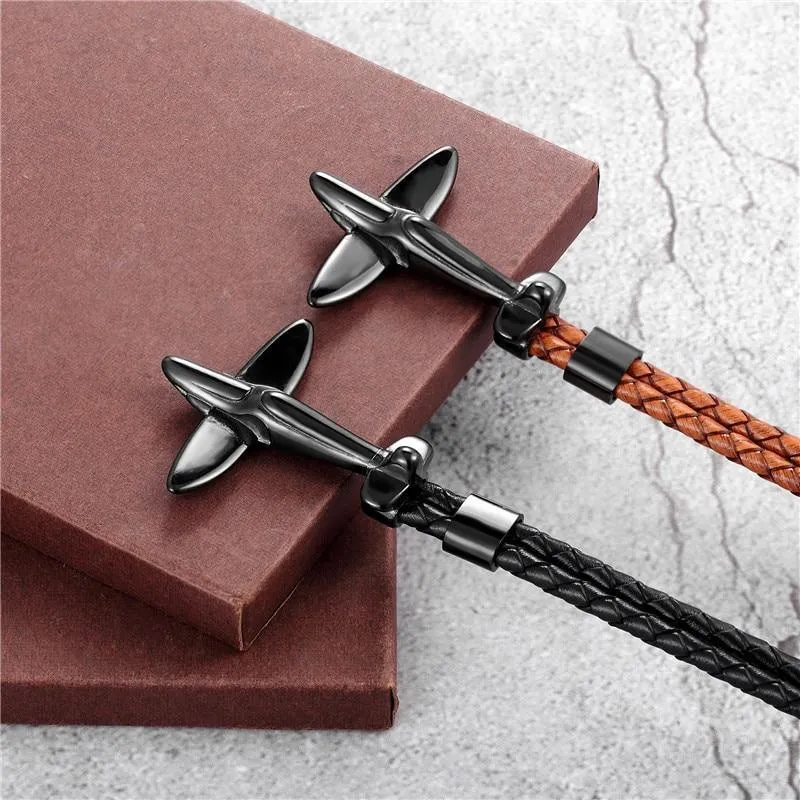 Luxury Modern New Airplane Stainless Steel Gold Aviation Airplane Anchor Bracelets For Men and Women In Retro Leather Bracelet Air Force Style Homme Jewelry Style