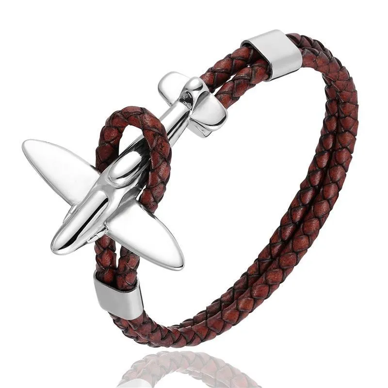 Luxury Modern New Airplane Stainless Steel Gold Aviation Airplane Anchor Bracelets For Men and Women In Retro Leather Bracelet Air Force Style Homme Jewelry Style