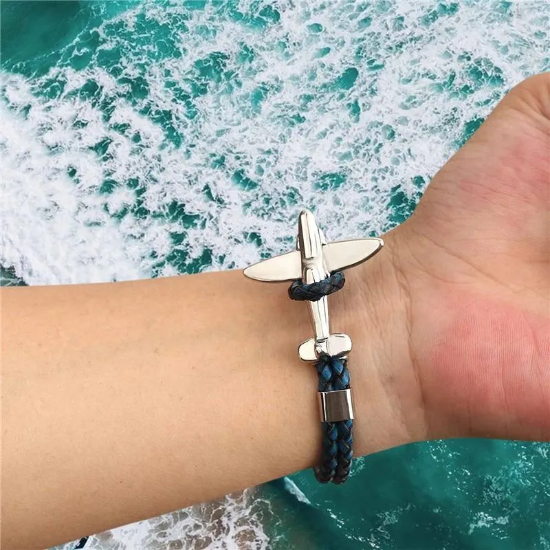 Luxury Modern New Airplane Stainless Steel Gold Aviation Airplane Anchor Bracelets For Men and Women In Retro Leather Bracelet Air Force Style Homme Jewelry Style
