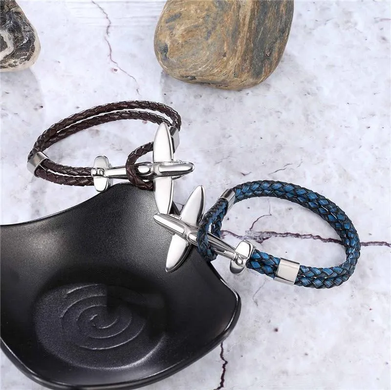 Luxury Modern New Airplane Stainless Steel Gold Aviation Airplane Anchor Bracelets For Men and Women In Retro Leather Bracelet Air Force Style Homme Jewelry Style