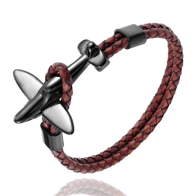Luxury Modern New Airplane Stainless Steel Gold Aviation Airplane Anchor Bracelets For Men and Women In Retro Leather Bracelet Air Force Style Homme Jewelry Style