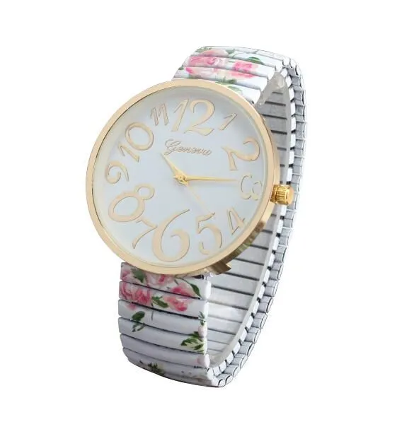 Luxury Women Elasticity FlowerShrink Bracelet Quartz Wrist Watch Oversized 12 Digital Printing Quartz Watch