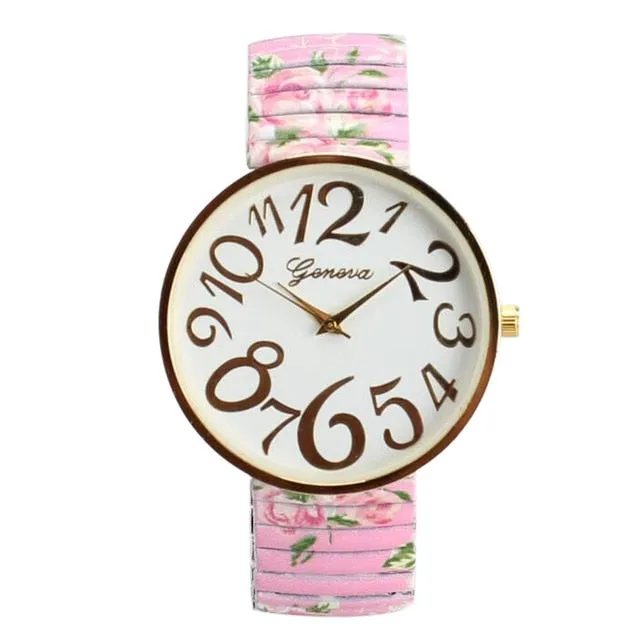 Luxury Women Elasticity FlowerShrink Bracelet Quartz Wrist Watch Oversized 12 Digital Printing Quartz Watch