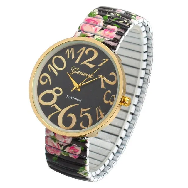 Luxury Women Elasticity FlowerShrink Bracelet Quartz Wrist Watch Oversized 12 Digital Printing Quartz Watch