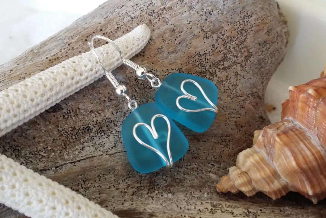 Made in Hawaii, Wire wrapped heart blue sea glass earrings, gift box.beach jewelry