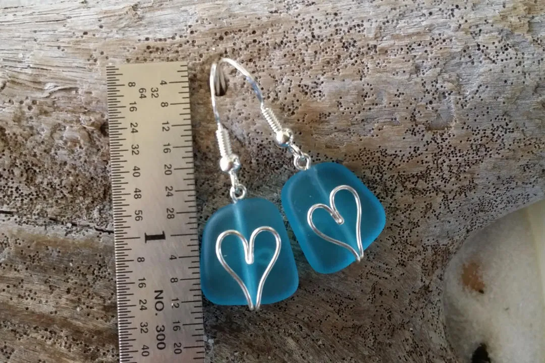 Made in Hawaii, Wire wrapped heart blue sea glass earrings, gift box.beach jewelry
