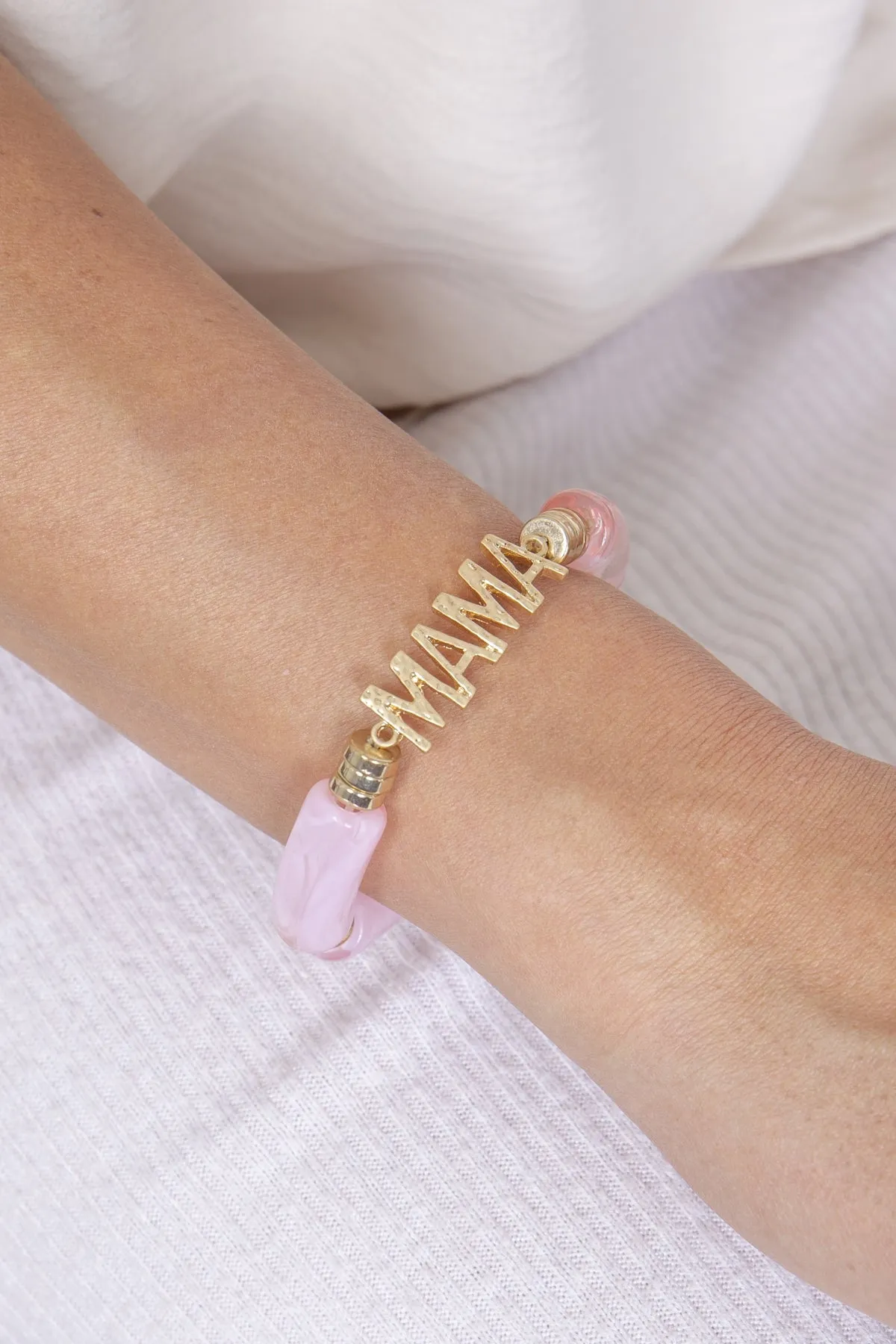 Mama Tubular Beads Resin Stretch Bracelet Pink - Pack of 6