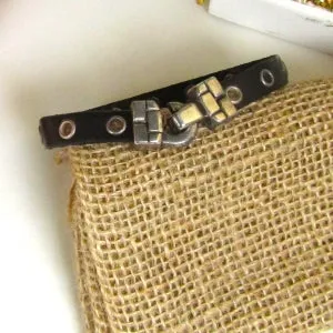 Man's Black Leather Bracelet  Eyelet Flat Leather