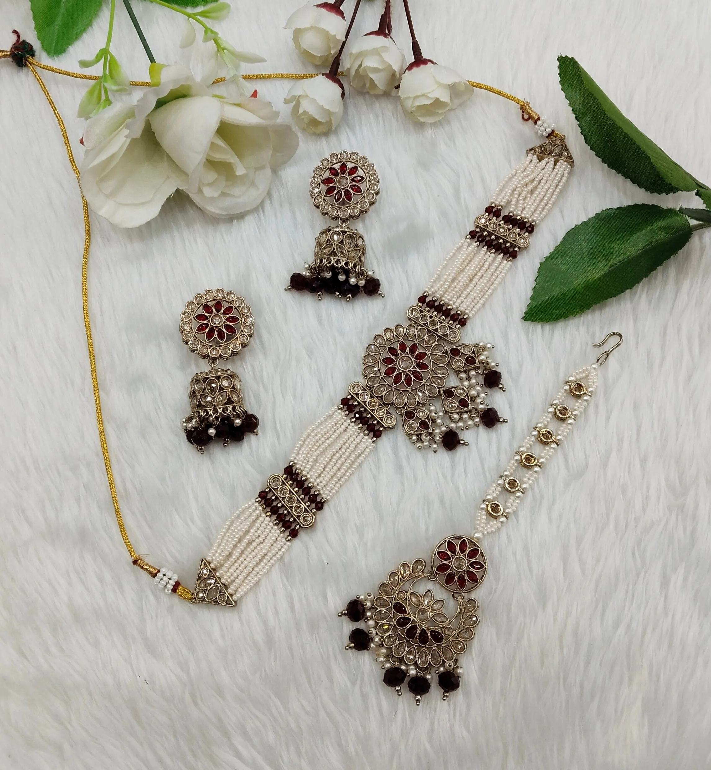 Maroon Antique Gold Choker Indian Jewellery Alan Set