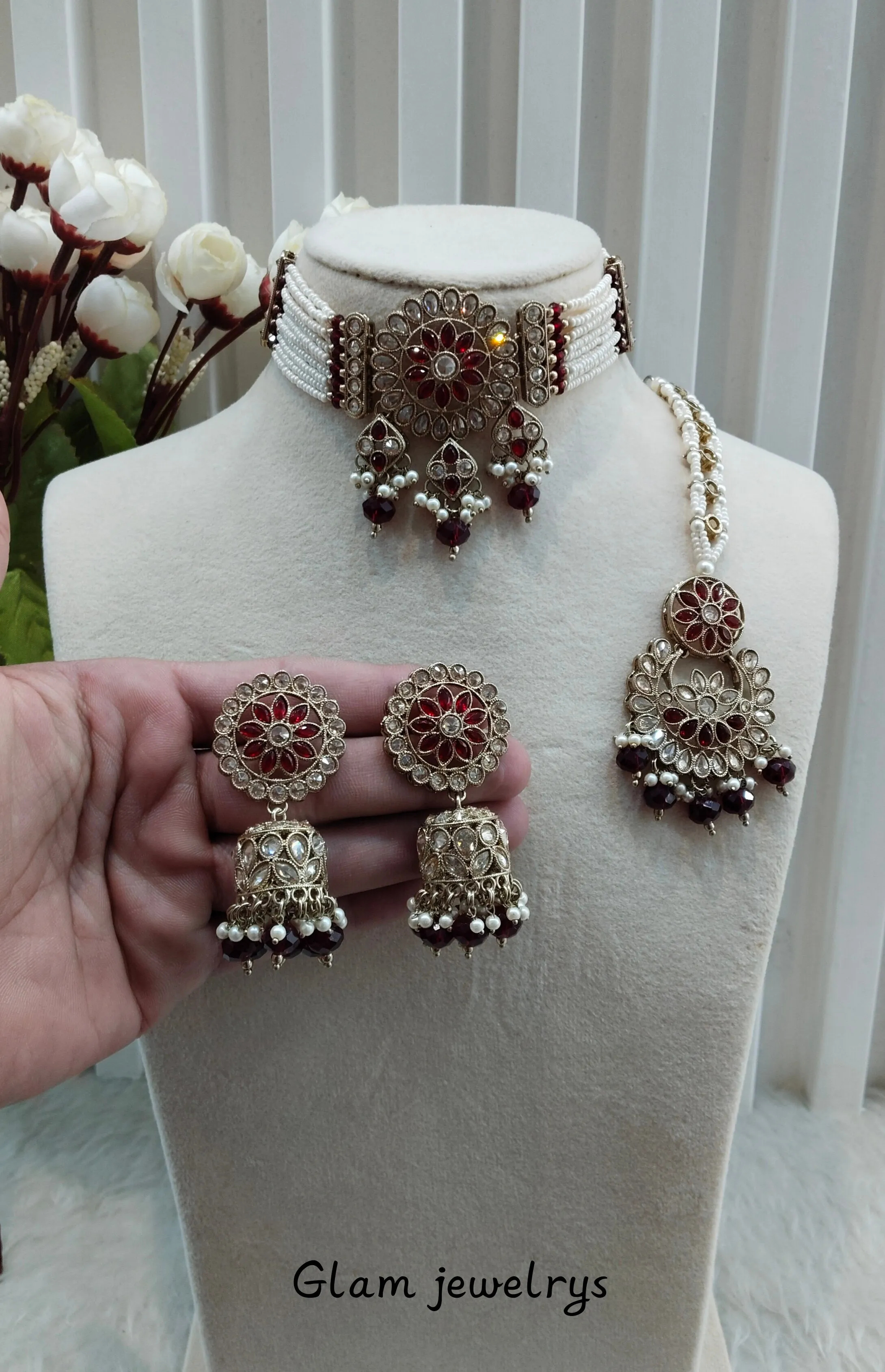 Maroon Antique Gold Choker Indian Jewellery Alan Set