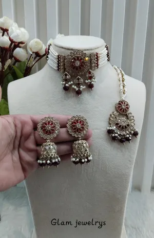 Maroon Antique Gold Choker Indian Jewellery Alan Set