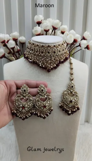 Maroon Antique Gold Choker Indian Jewellery Siki Set