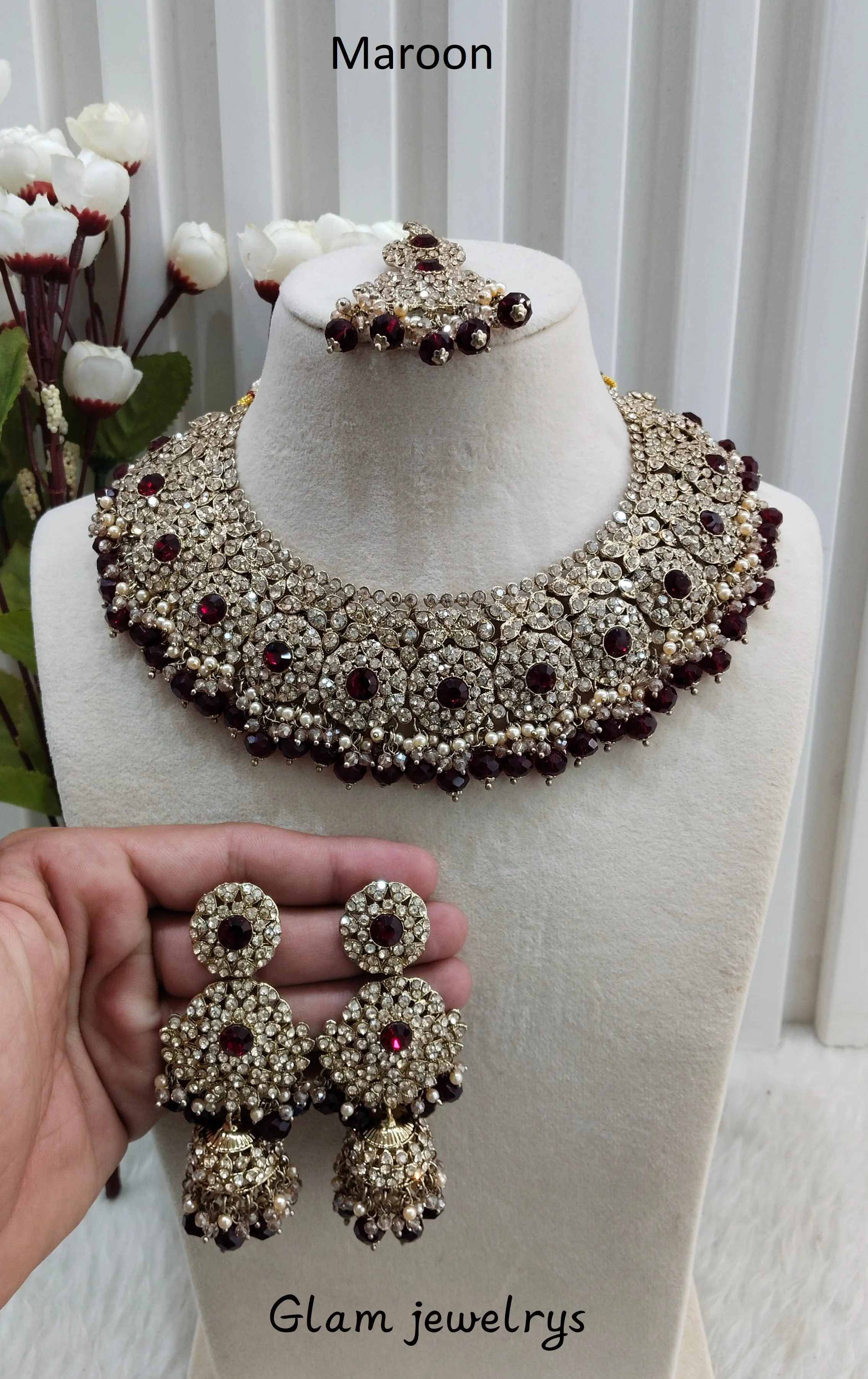 Maroon Antique Gold Necklace Indian Jewellery Meenu Set