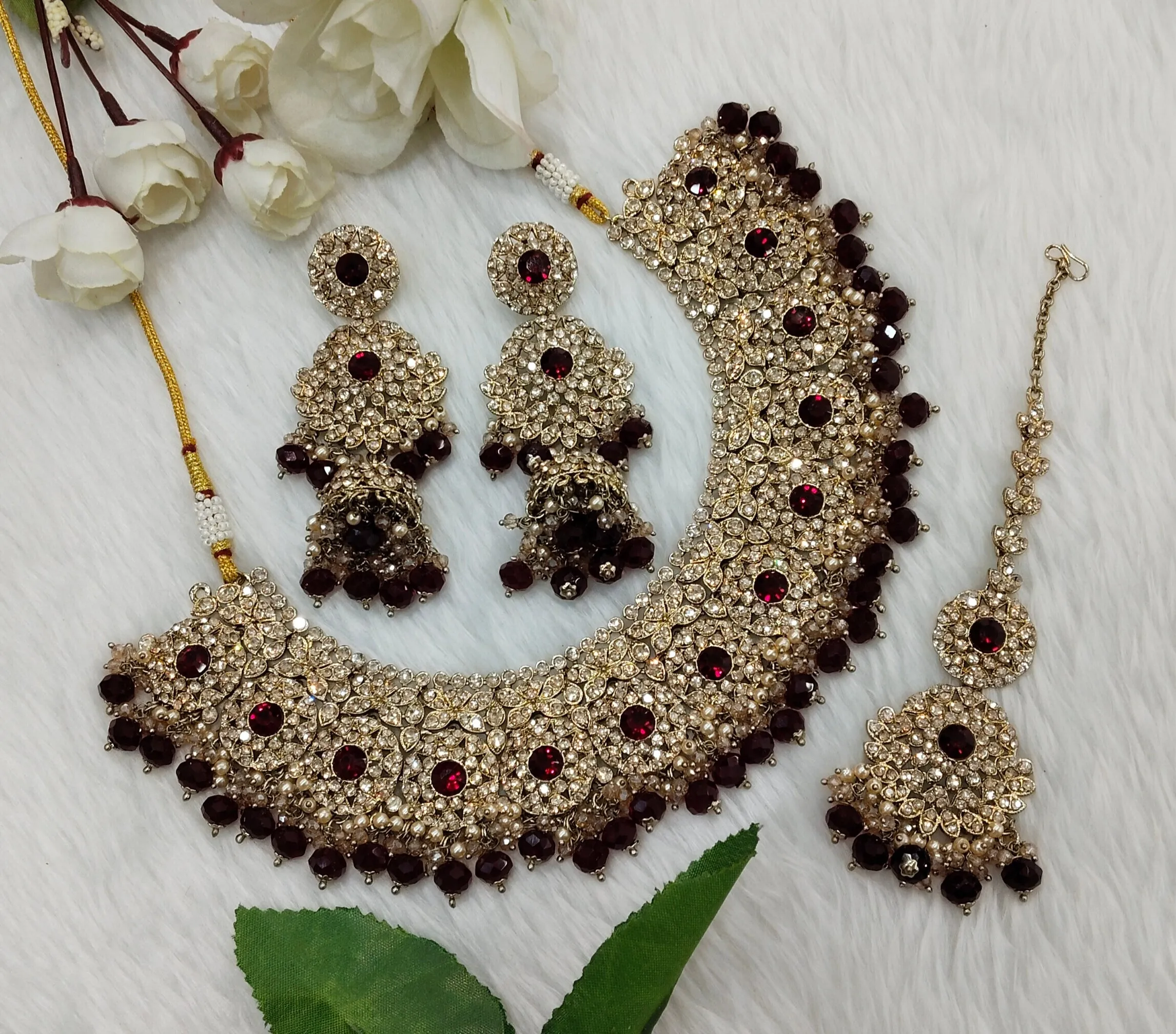 Maroon Antique Gold Necklace Indian Jewellery Meenu Set