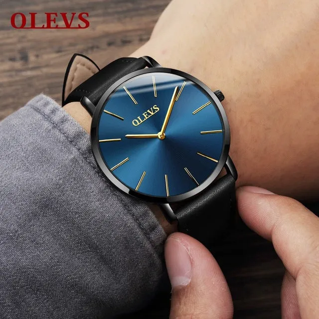Men Watches 2017 luxury brand Olevs quartz leather minimalist Black strap Ultrathin Wristwatches Waterproof High Quality Relogio