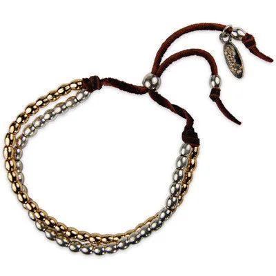 Mens Intertwined Silver Barrel Bead Mens Bracelet on Black Leather