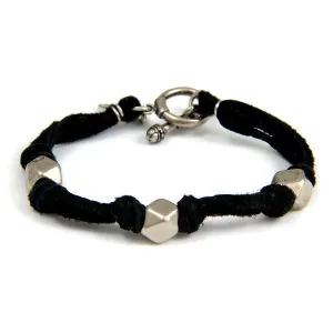 Mens Silver Triple Beaded Black Deerskin Leather Bracelet