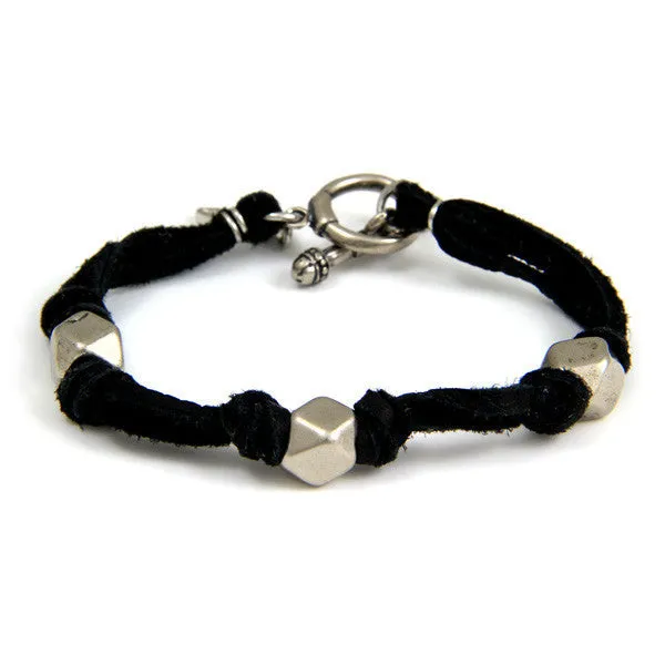 Mens Silver Triple Beaded Black Deerskin Leather Bracelet