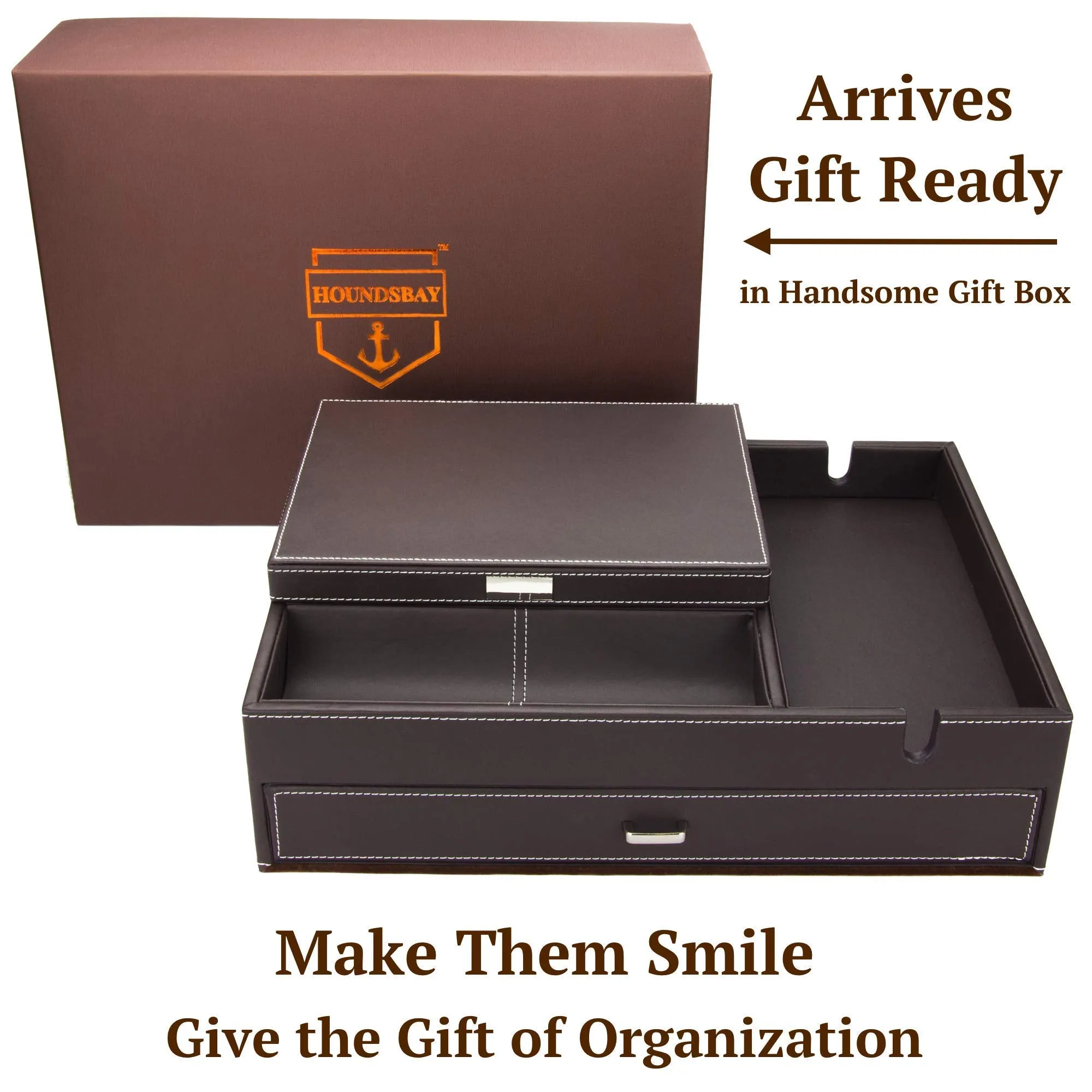 Mens Watch Box Leather Valet Tray - Bedside Table Organizer, Men's Jewelry Box, Watch Case for Men with Large Smartphone Charging Station - Jewelry Box for Men with Valet Box and Nightstand Organizer