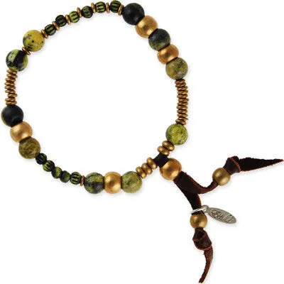 Mens Yellow Turquoise Semi Precious Stones and Tiny Bone Bead Stretch Bracelet