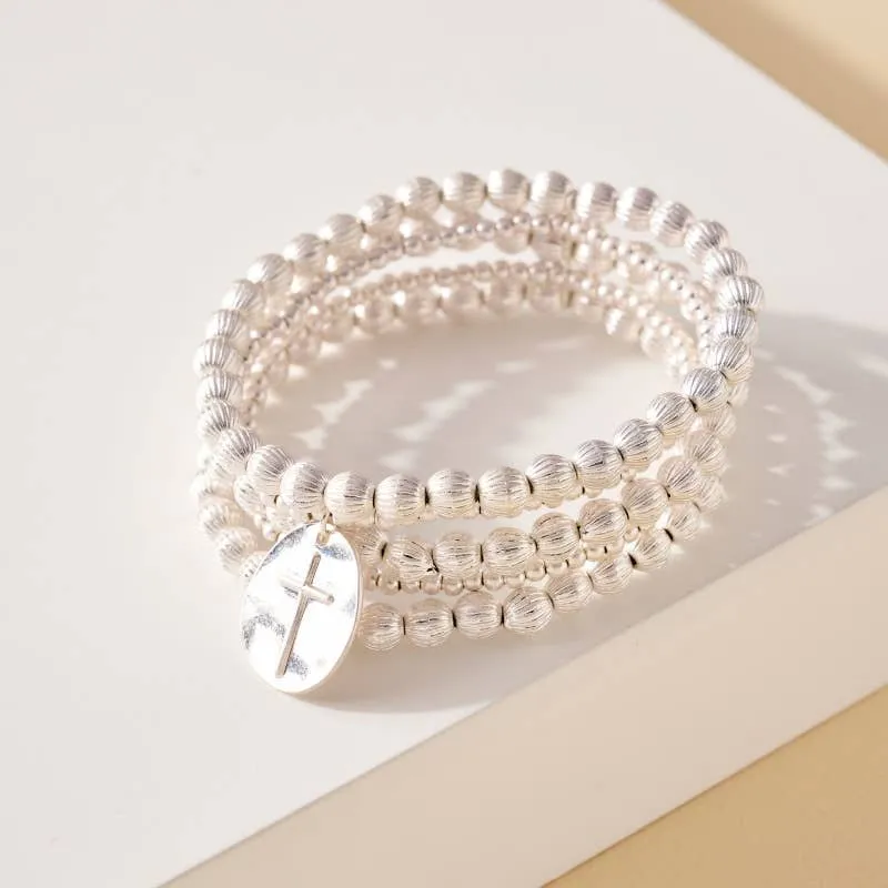 Metal Bead Cross Charm Bracelet Set
