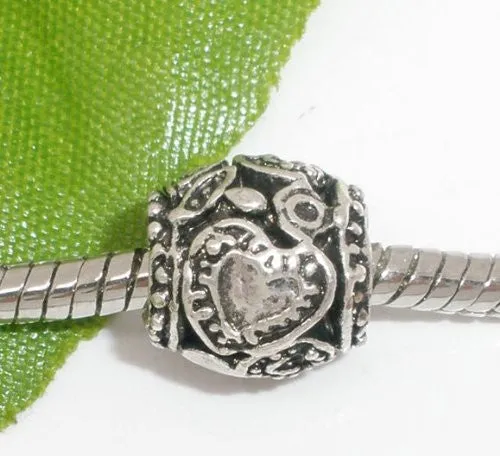 Metal With Heart Carved Desing on European Bead Compatible for Most European Snake Chain Bracelet