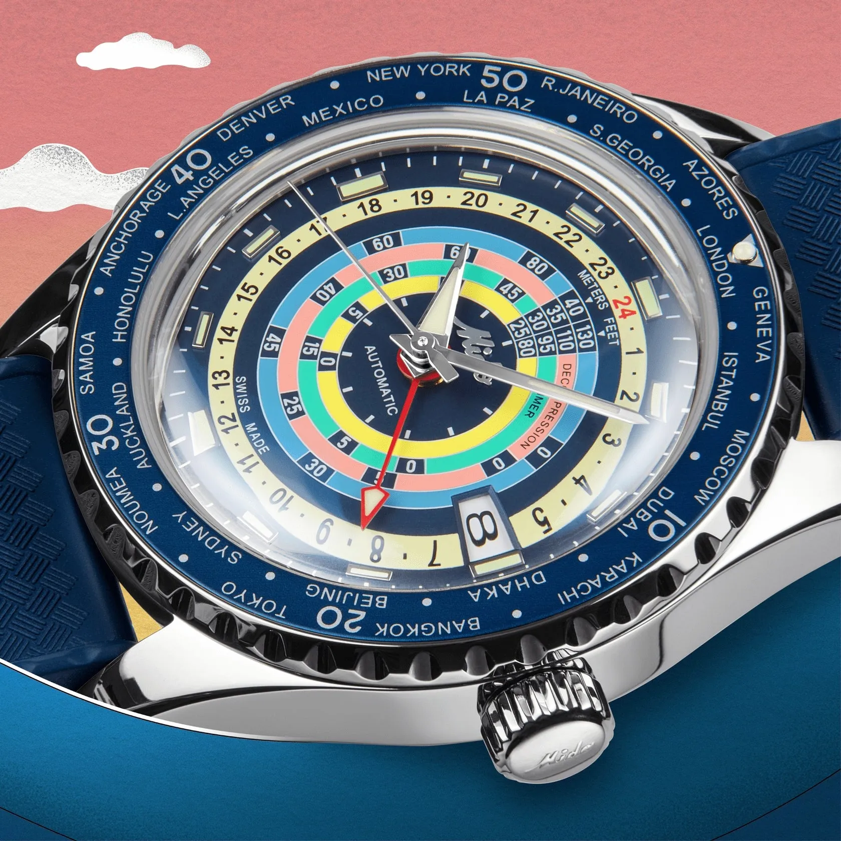 MIDO OCEAN STAR DECOMPRESSION WORLDTIMER BLUE -SPECIAL EDITION -1 EXTRA STRAP