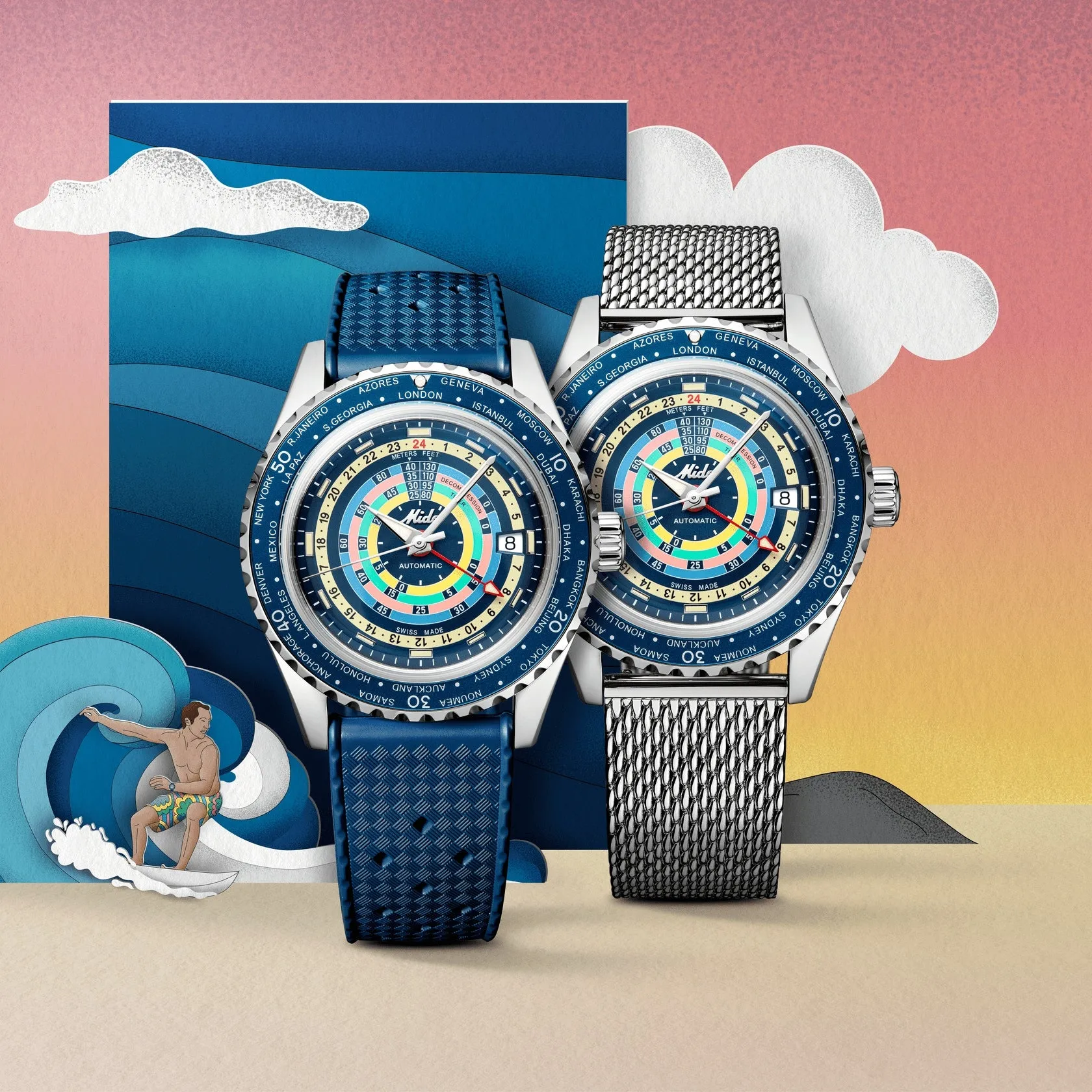 MIDO OCEAN STAR DECOMPRESSION WORLDTIMER BLUE -SPECIAL EDITION -1 EXTRA STRAP