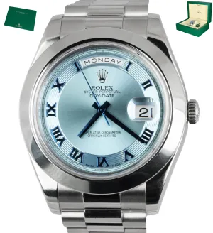 MINT 2015 Rolex President Day-Date II Platinum 41mm Glacier Blue Roman 218206