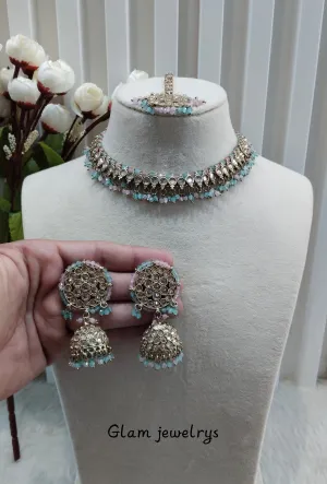 Mint Pink Antique Gold Necklace Indian Jewellery Naman Set