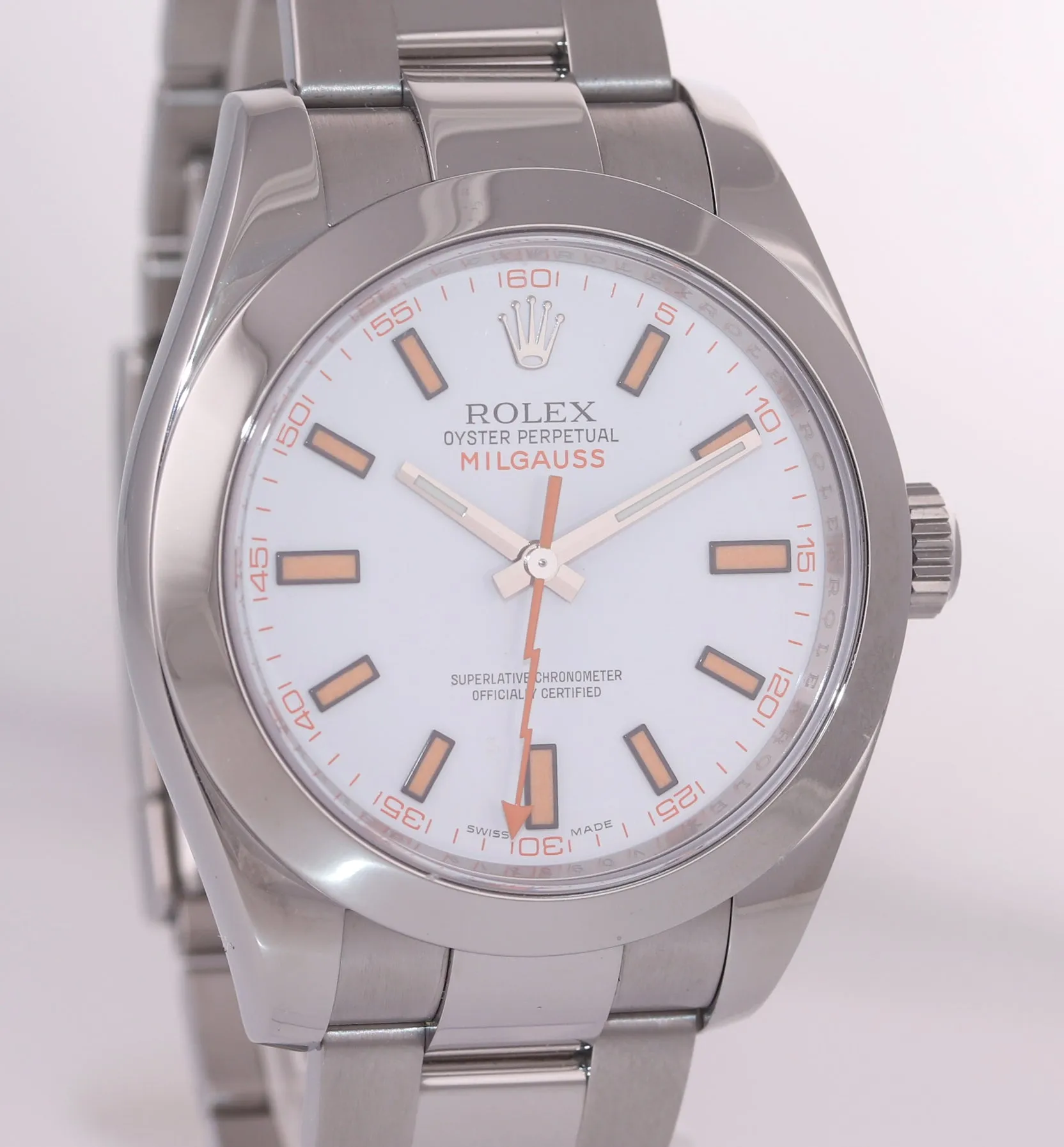 MINT Rolex Milgauss 116400 White Orange 40mm Steel Oyster Anti-Magnetic Watch