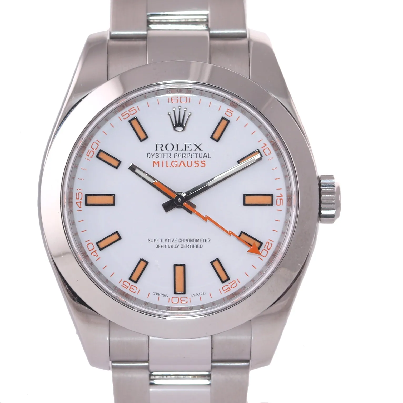 MINT Rolex Milgauss 116400 White Orange 40mm Steel Oyster Anti-Magnetic Watch