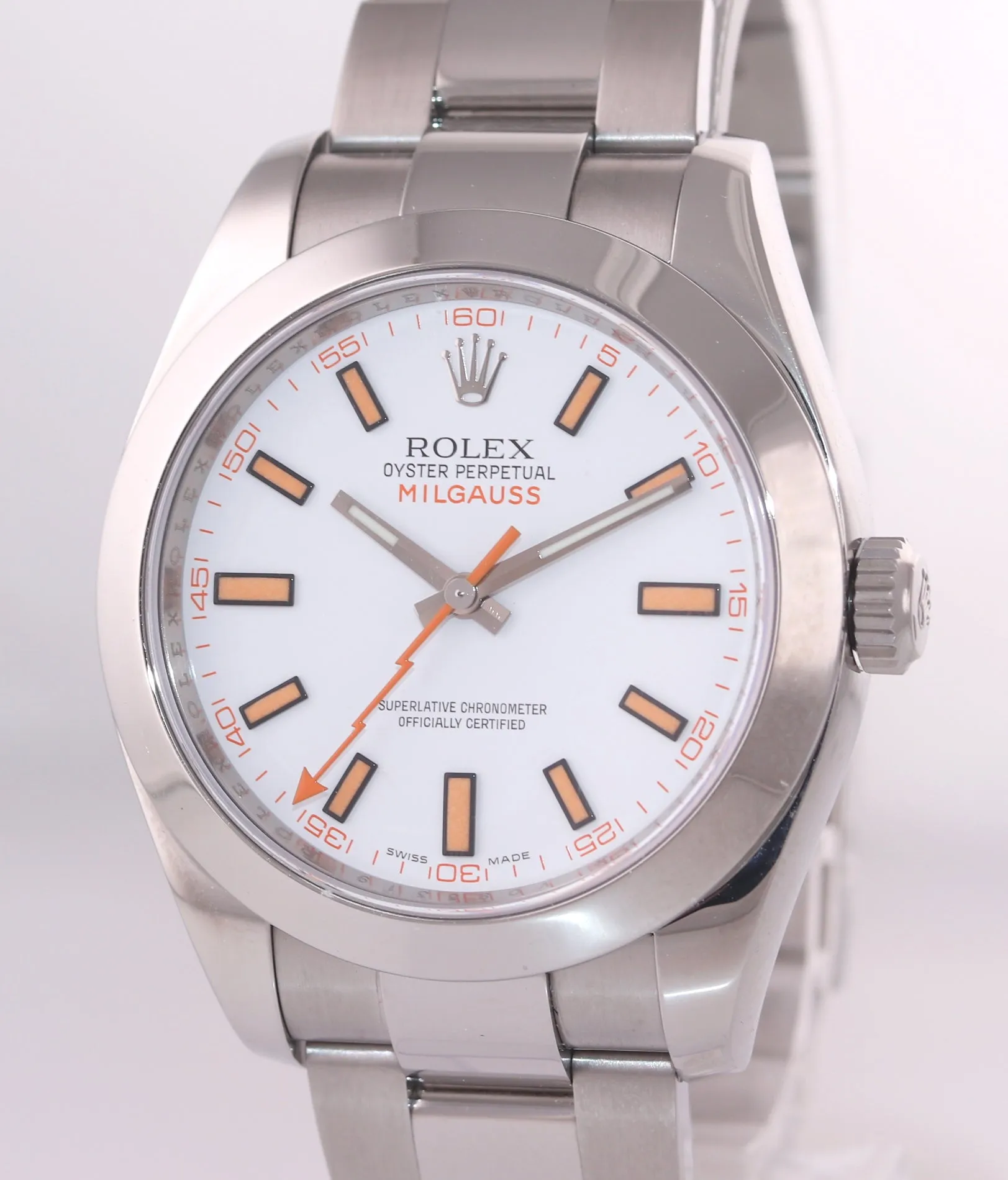 MINT Rolex Milgauss 116400 White Orange 40mm Steel Oyster Anti-Magnetic Watch