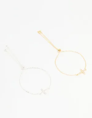 Mixed Metal Cubic Zirconia Cross Toggle Bracelets 2-Pack