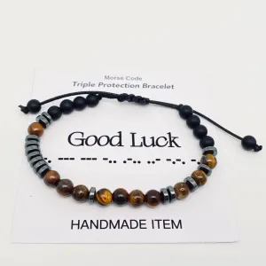 Morse Code 6mm Tiger's Eye Stone Beads Stretchable Bracelet: Good Luck
