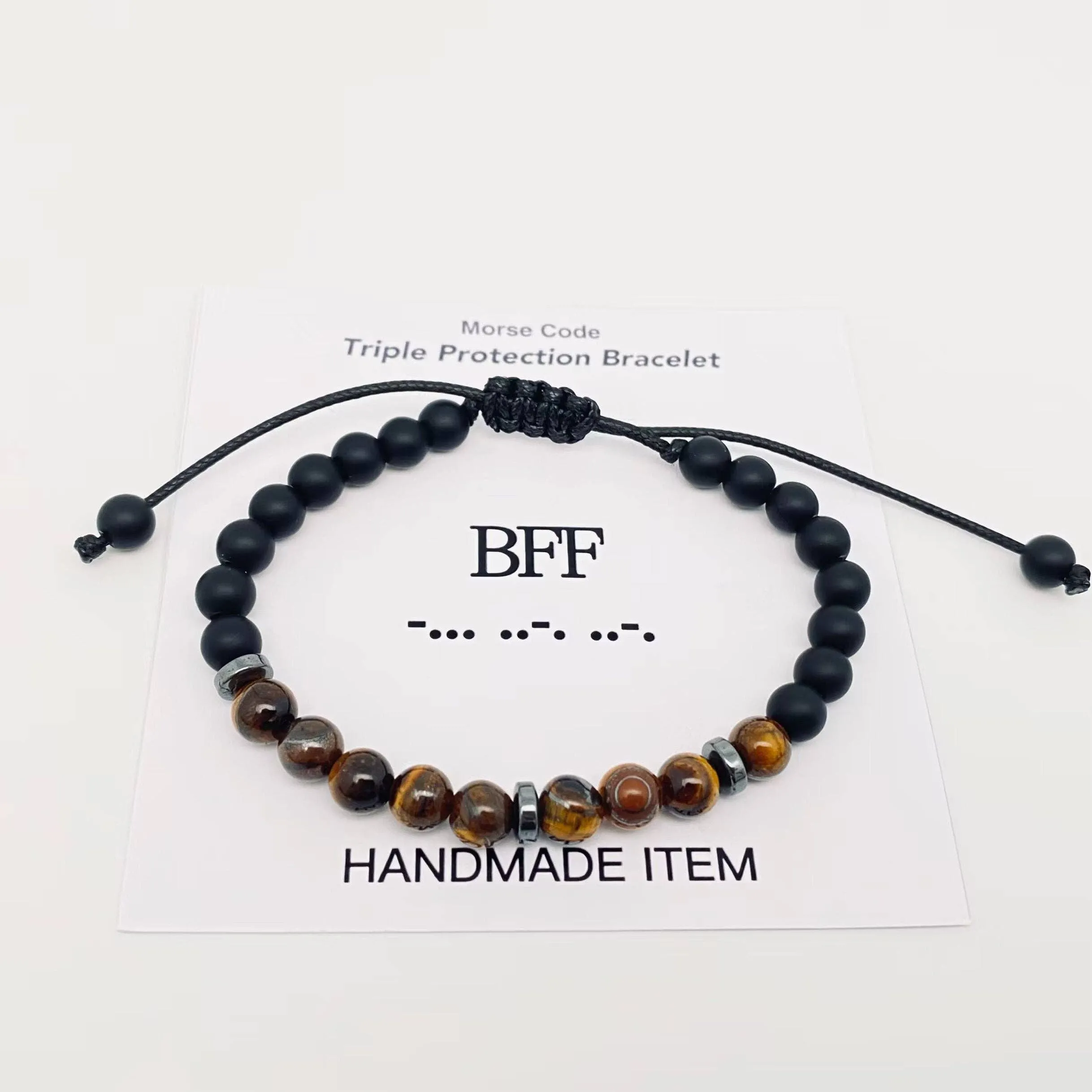 Morse Code 6mm Tiger's Eye Stone Beads Stretchable Bracelet: Good Luck