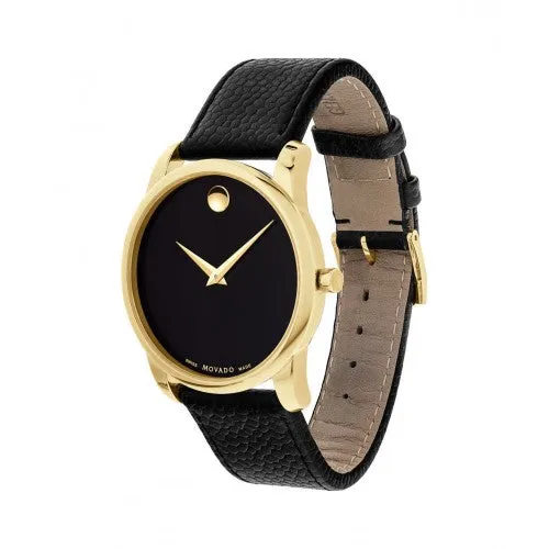 Movado Museum Black Leather Strap Black Dial Quartz Watch for Gents - Movado 0607014