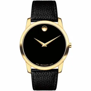 Movado Museum Black Leather Strap Black Dial Quartz Watch for Gents - Movado 0607014