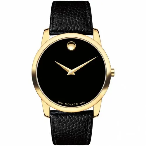 Movado Museum Black Leather Strap Black Dial Quartz Watch for Gents - Movado 0607014