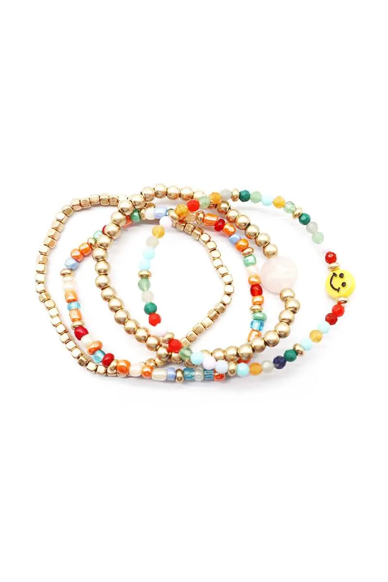 Multi Glass Metal Bead Smile Stretch 4 Pc Bracelet