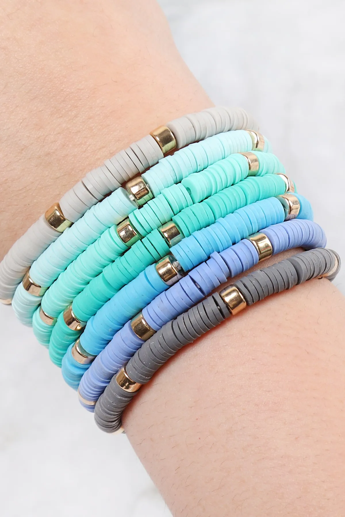 Multi Line Leather Beaded Stretch Bracelet Turquoise - Pack of 6