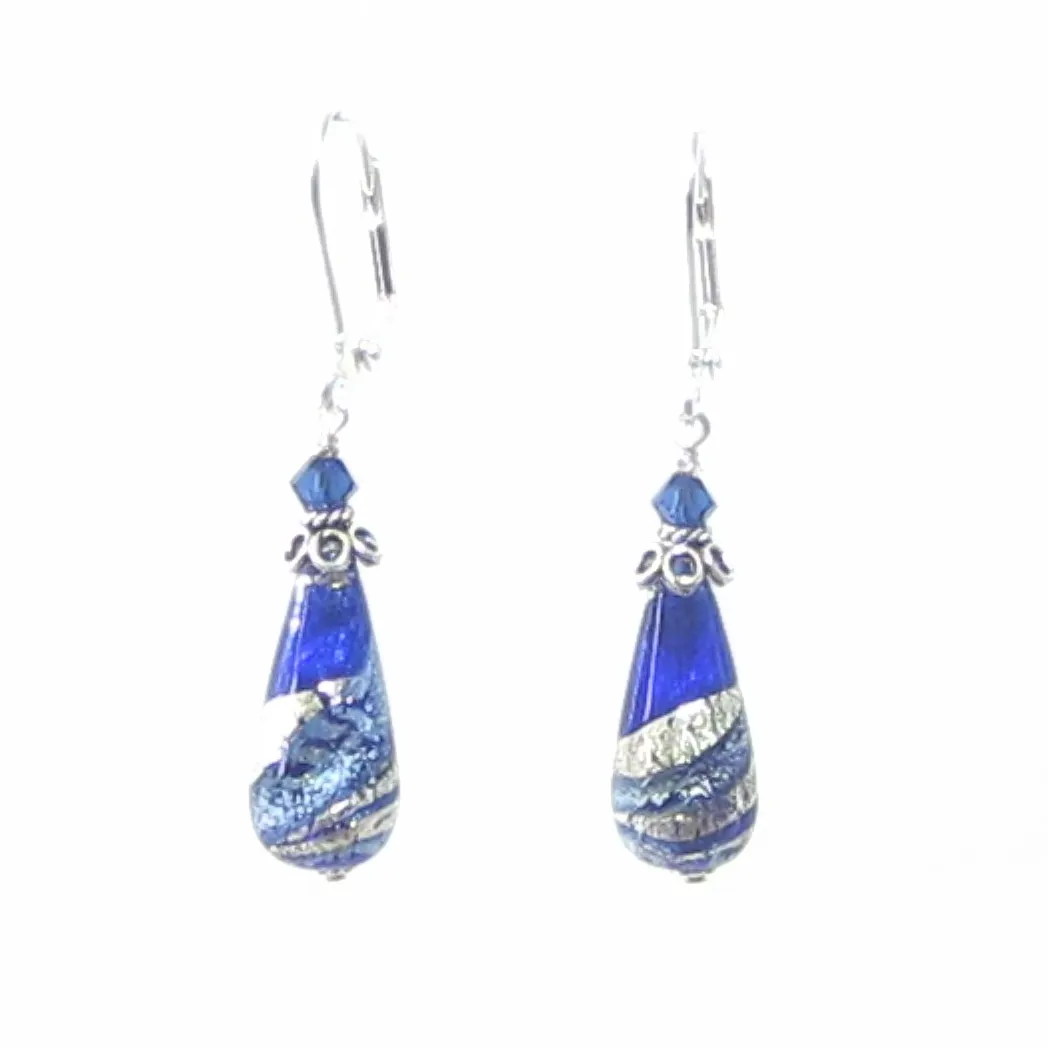 Murano Glass Cobalt Blue Teardrop Sterling Silver Earrings
